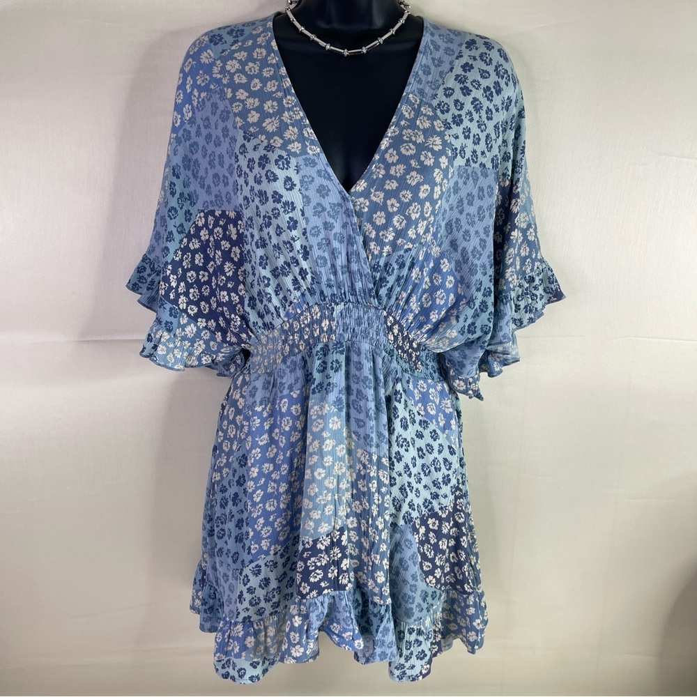 PROMESA Breath of Wind Patchwork Print Blue Rayon Romper Dress Women’s Size S